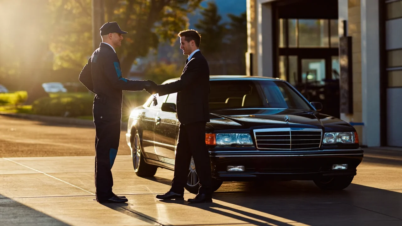 Remise des clés au client près d'une voiture fraîchement entretenue, en fin de journée